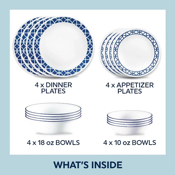 Corelle Cobalt Circles 16 Piece Dinner Set White