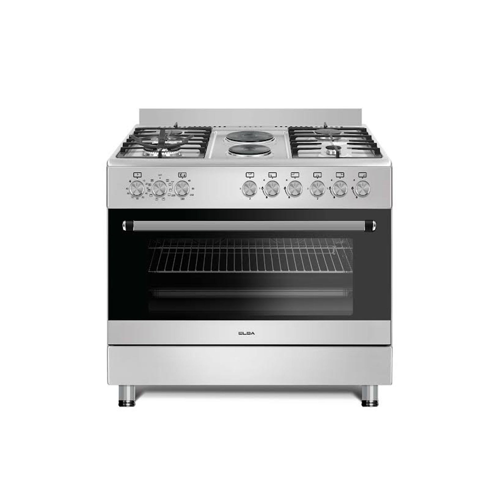 Elba Essential 90cm 4 Burner Gas Stove With 2 Electric Solid Plates & Electric Oven Stainless Steel + FREE Totai 85 Piece Tool Kit