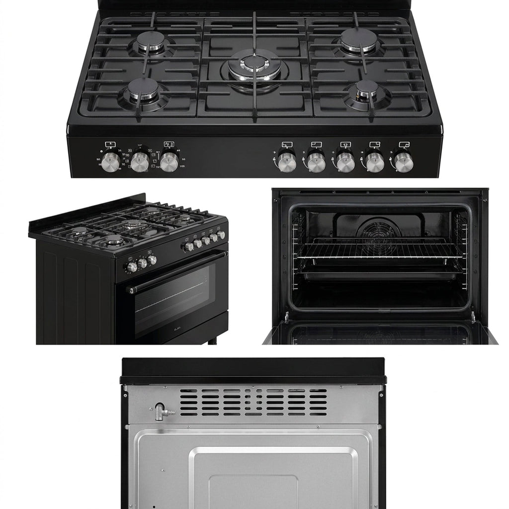 ELBA ESSENTIAL 90CM 5 BURNER GAS STOVE & ELECTRIC OVEN - BLACK + FREE TOTAI HEATER
