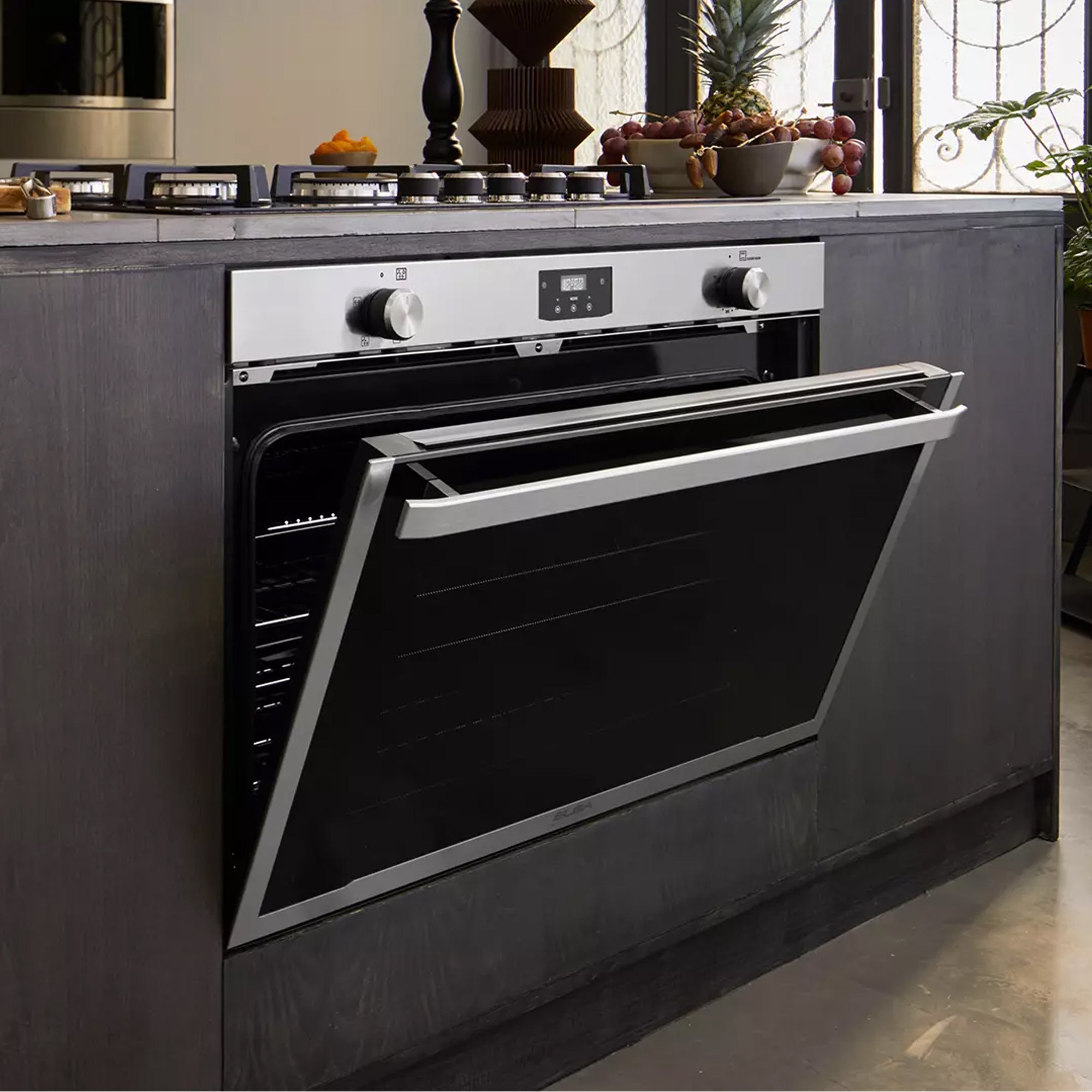 Elba 90cm Built In Large Cavity Gas Oven - Stainless Steel With Black Glass Finish