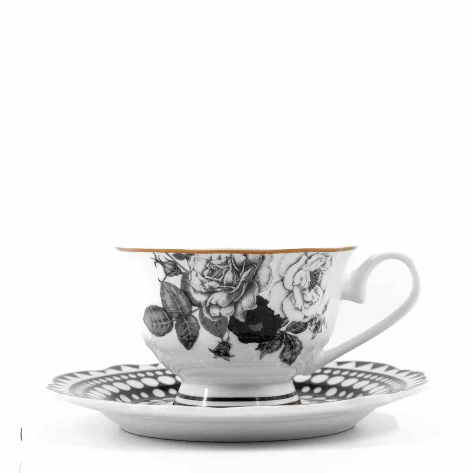 Jenna Clifford Black Rose Cup & Saucer - Black & White