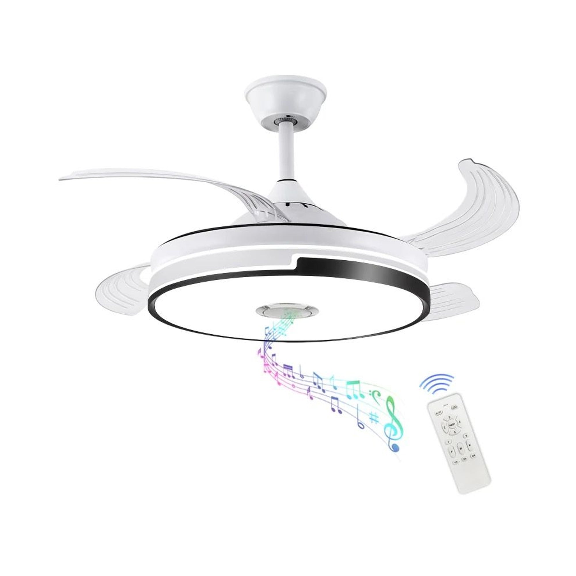 Exotic Designs Multipurpose Retractable Ceiling Fan LED Light with Bluetooth Speaker Clear & White