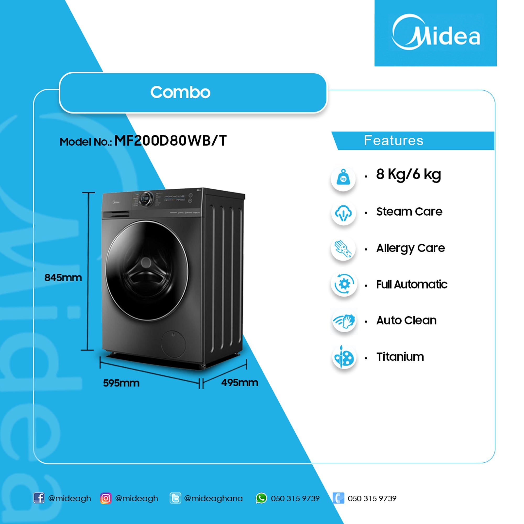 Midea 8/6kg Inverter Heat Pump Washer Tumble Dryer Titanium