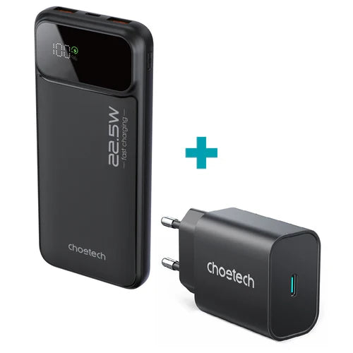 Choetech 10000mAh 22.5W Power Bank + 1 Port 25W Wall Charger - Black