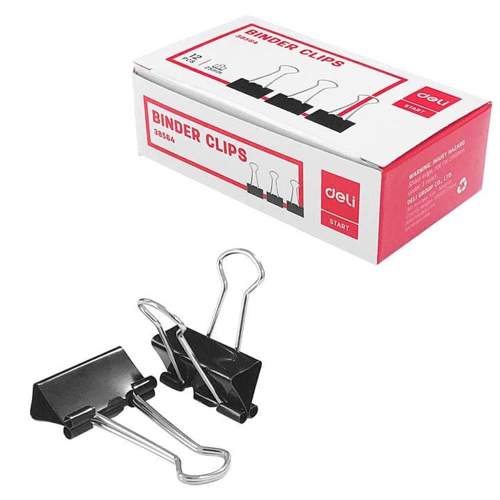 Deli Foldback Binder Clips  25mm (12pc) In Box Black