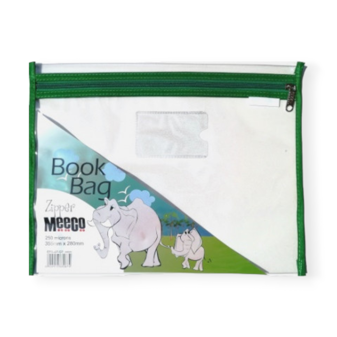 Meeco A4 Book Bag Clear Pvc With Zip Green
