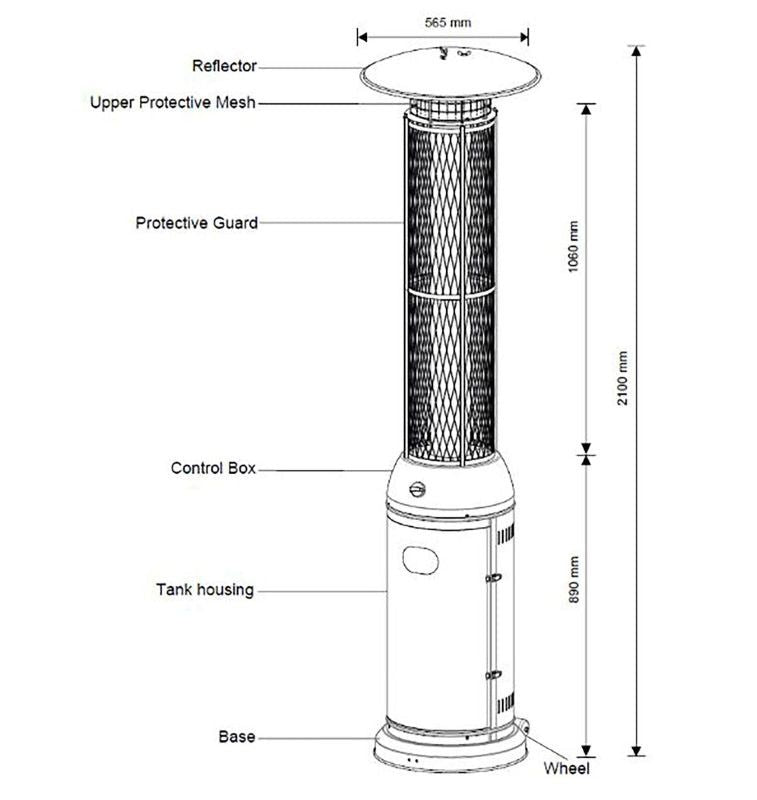 Alva Gas Patio Heater-Glass flame tube-2.1M Tall-Hammertone GHP26