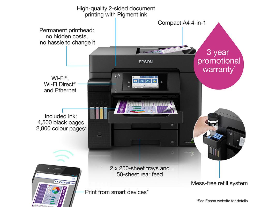 Epson L6570 EcoTank, A4, 4 in 1, Wi-Fi, ADF, Double Sided Printing, Printer