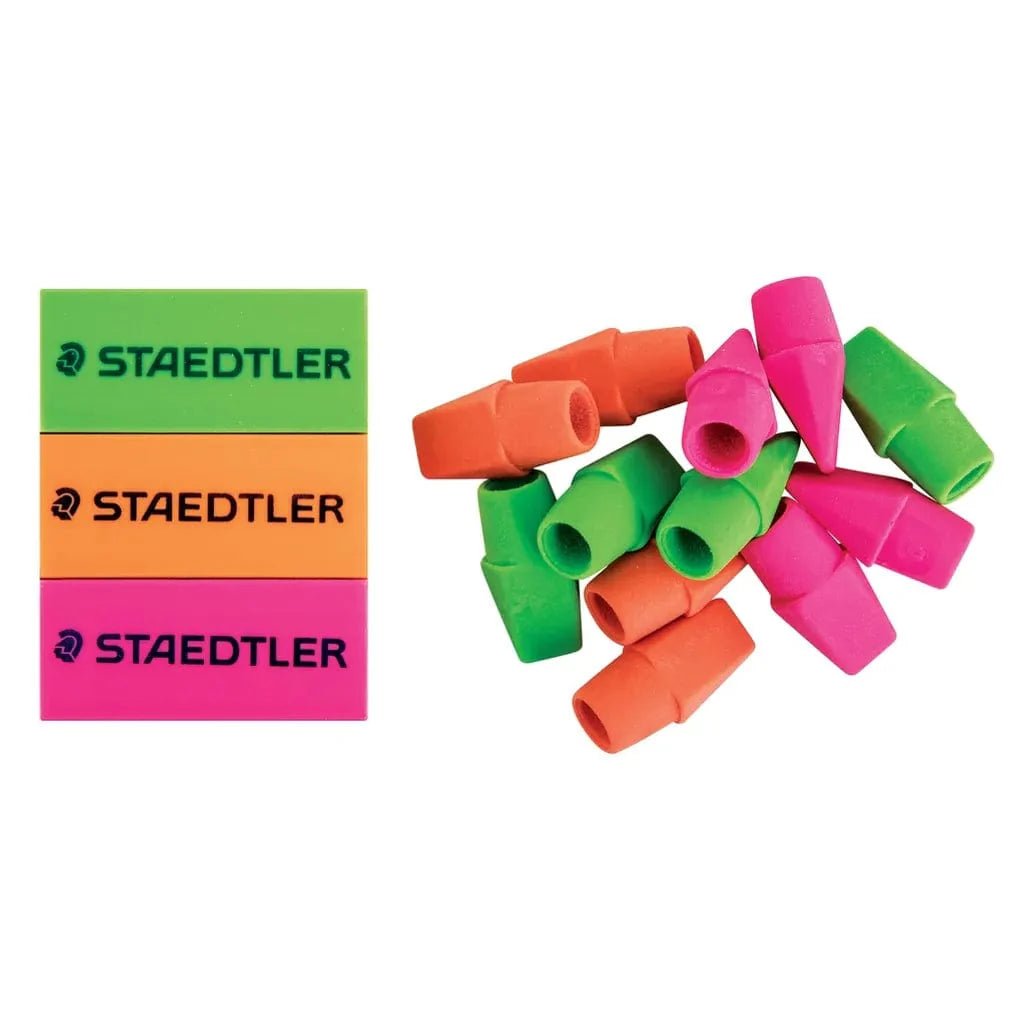 Staedtler Neon PVC Eraser Pack of 3 + 12 Free Eraser Caps