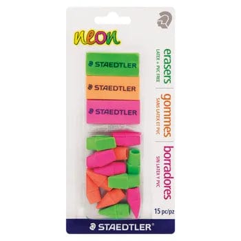 Staedtler Neon PVC Eraser Pack of 3 + 12 Free Eraser Caps