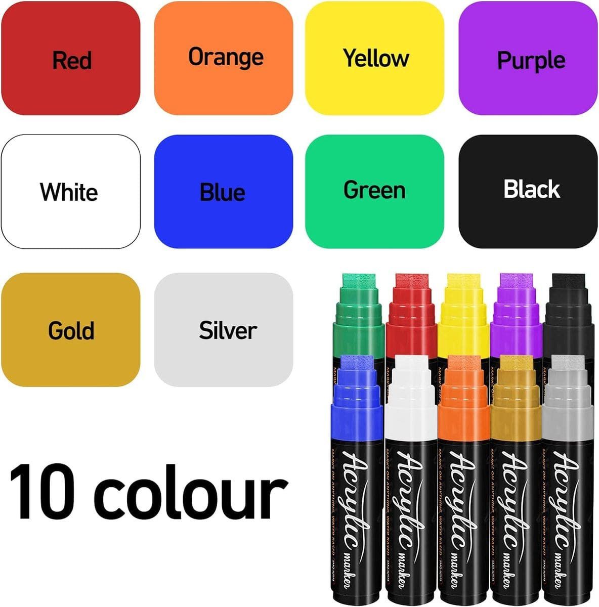 The Art Journey 10-Piece Premium Acrylic Paint Marker Set, Broad 15mm Nib ART012