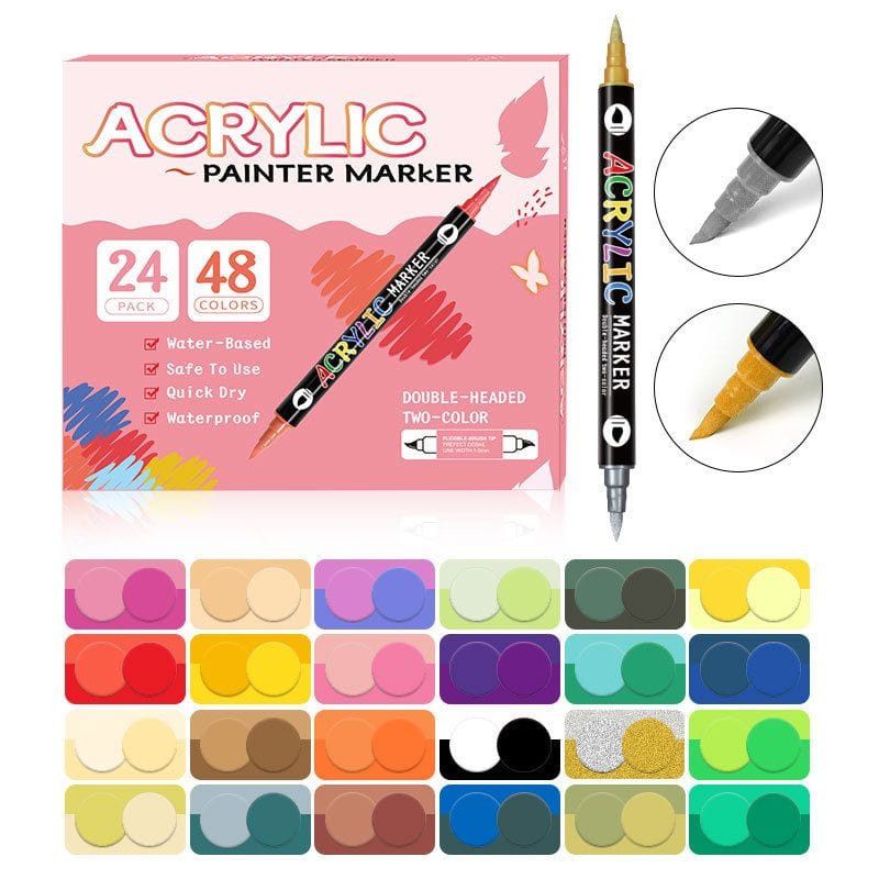 The Art Journey 24-Pack 48 Color Dual-Tip Acrylic Paint Marker Set - 2 Colors Per Pen ART009