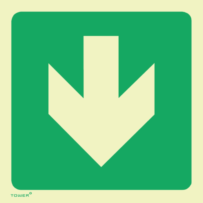 Tower Photoluminescent Green Arrow Down Sign - Green/White 190 x 190mm